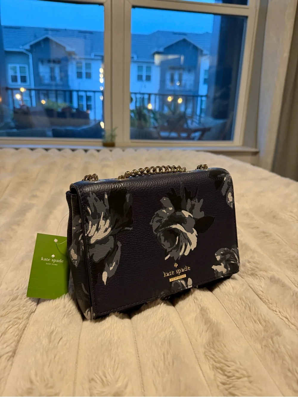 kate spade Navy Floral Leather Shoulder Bag with Gold Chain Accent